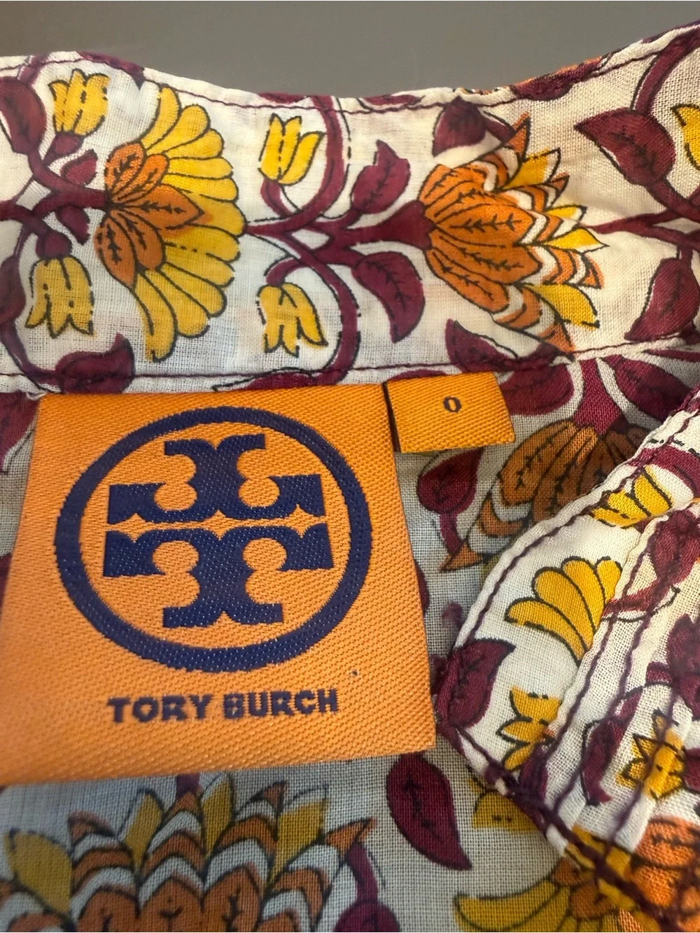 Tory Burch Cotton Mustard Yellow & Burgundy Floral Print Tunic Size 0 XS